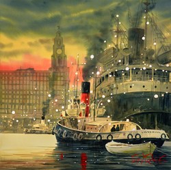 Mersey Lights, Liverpool by Peter J Rodgers - Original Painting on Paper sized 20x20 inches. Available from Whitewall Galleries